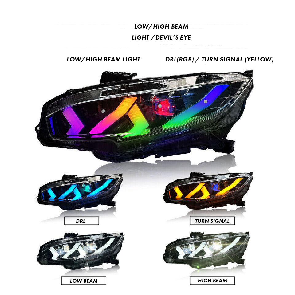 Pair of RGB sequential headlights with LED ring lights and animated lighting features (4)