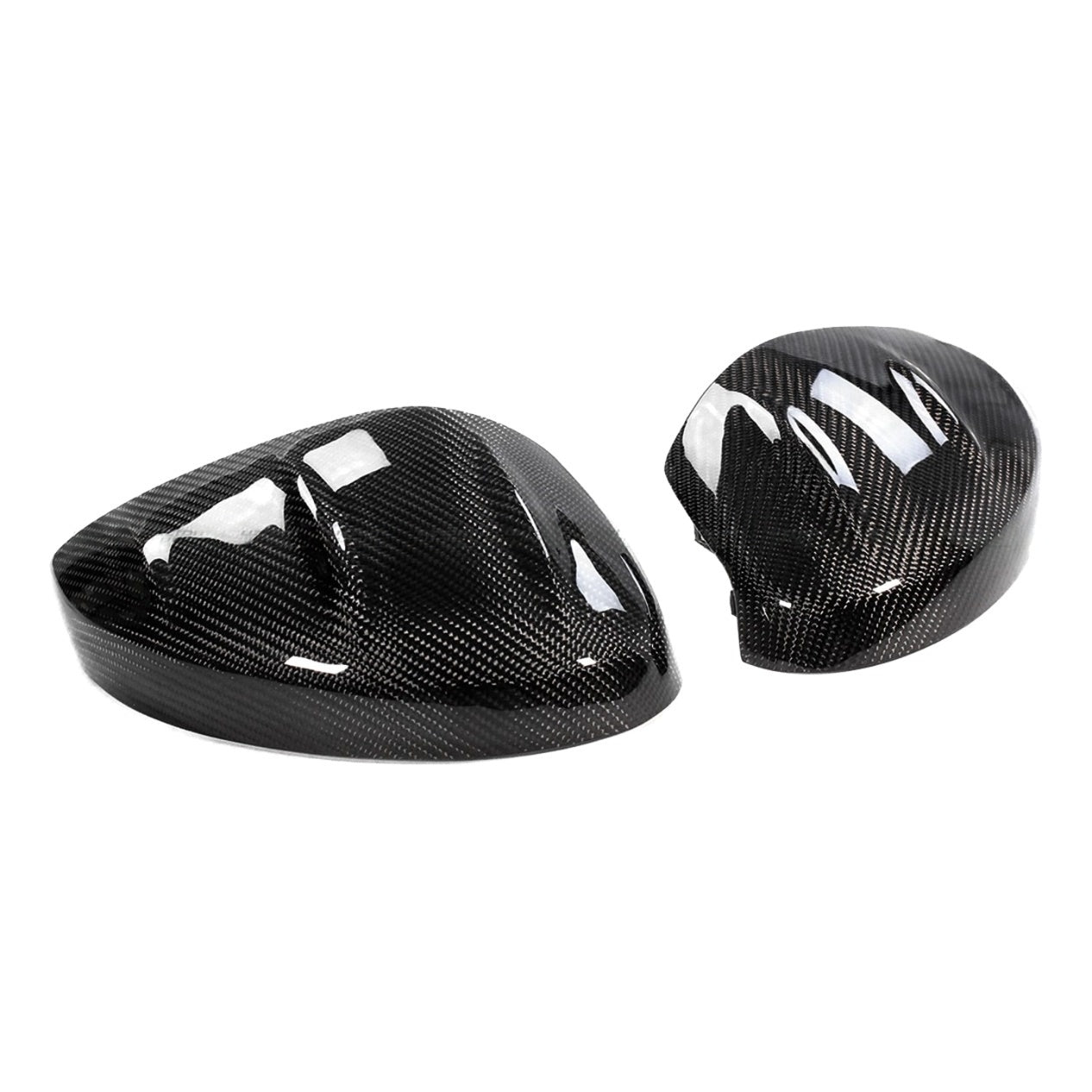 Three-quarter view of glossy black carbon fiber mirror caps for 2023-2026 Acura Integra