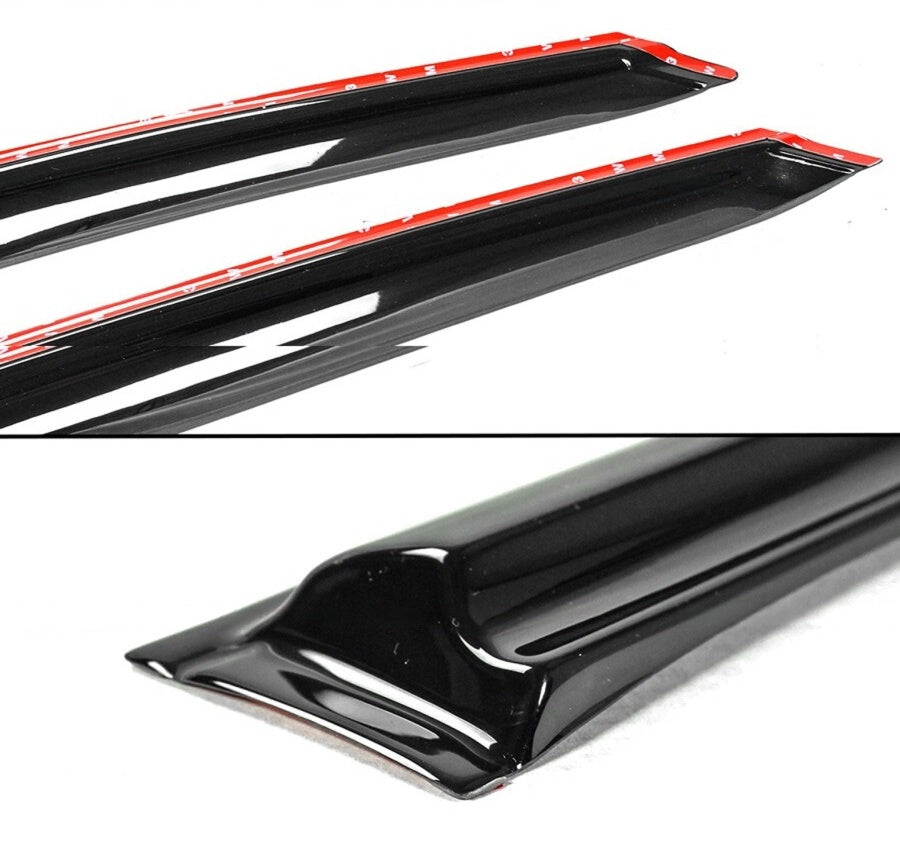 Three-quarter and close-up views of black glossy window visors with red adhesive backing