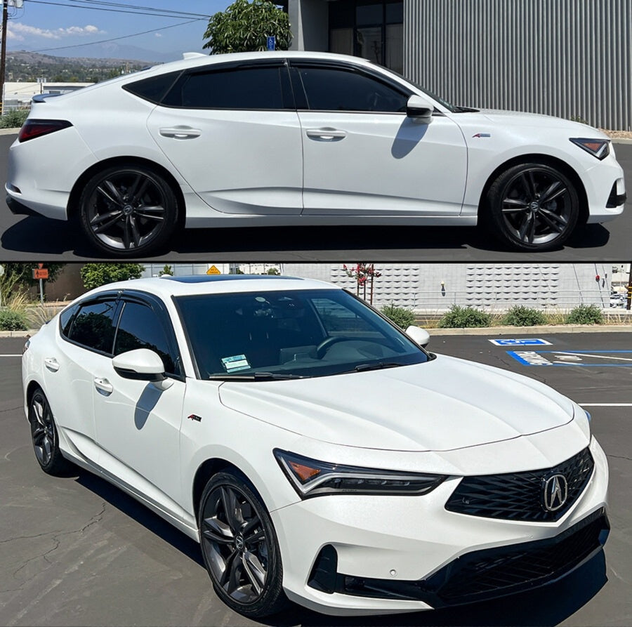 Three-quarter and side view of white 2023-2026 Acura Integra with dark window visors