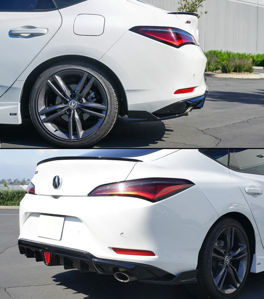 Gloss black LED rear diffuser with shark fin extensions installed on Acura Integra rear bumper (3)