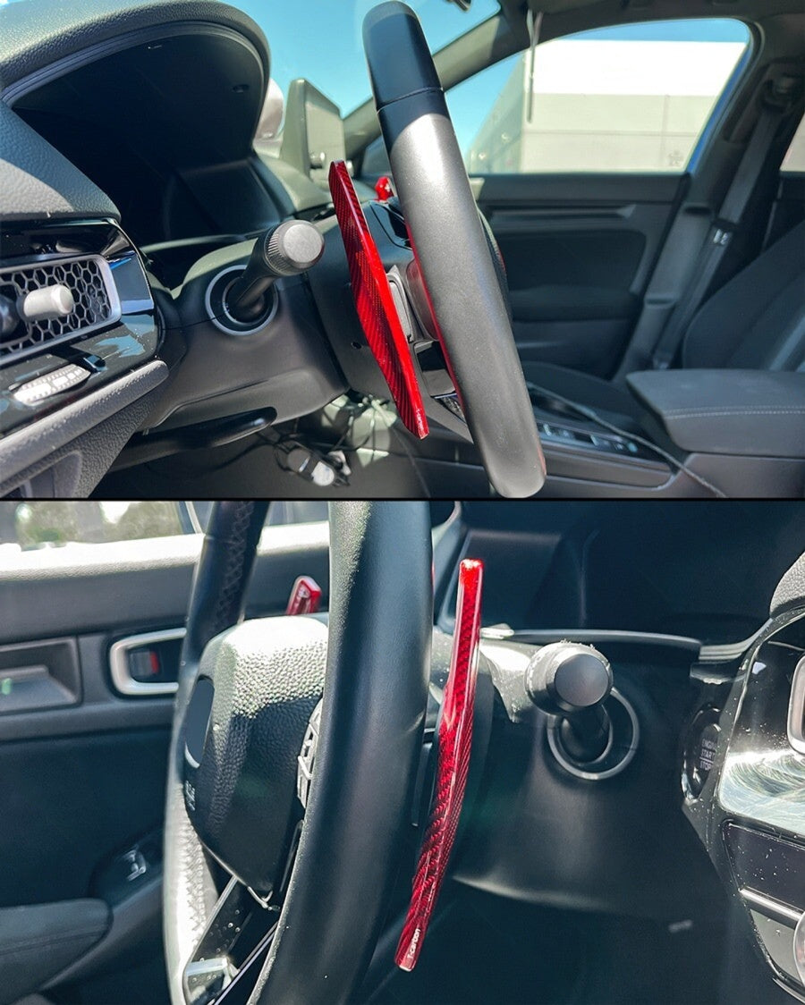 Red carbon fiber paddle shifter extensions mounted on Honda Accord steering wheel (2)