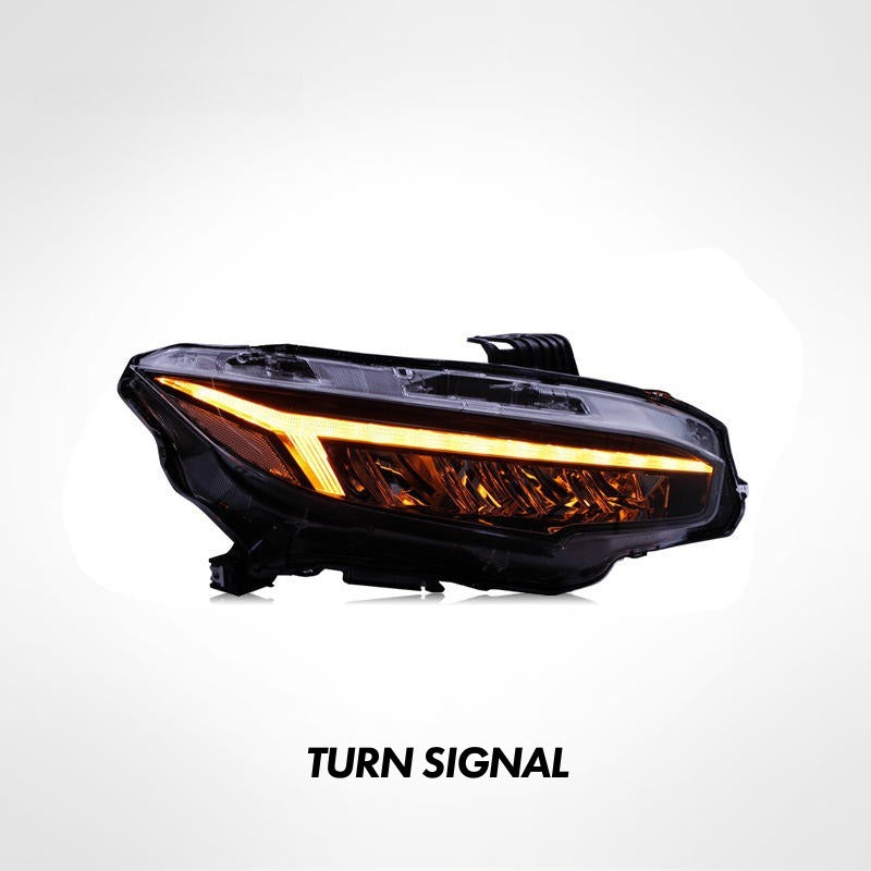 Three-quarter view of black 10th Gen Civic LED headlight assembly with amber turn signal strip