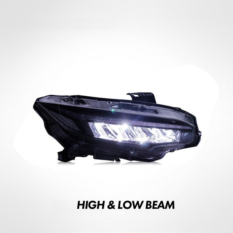 Front three-quarter black Honda Civic aftermarket headlight with illuminated high and low beam