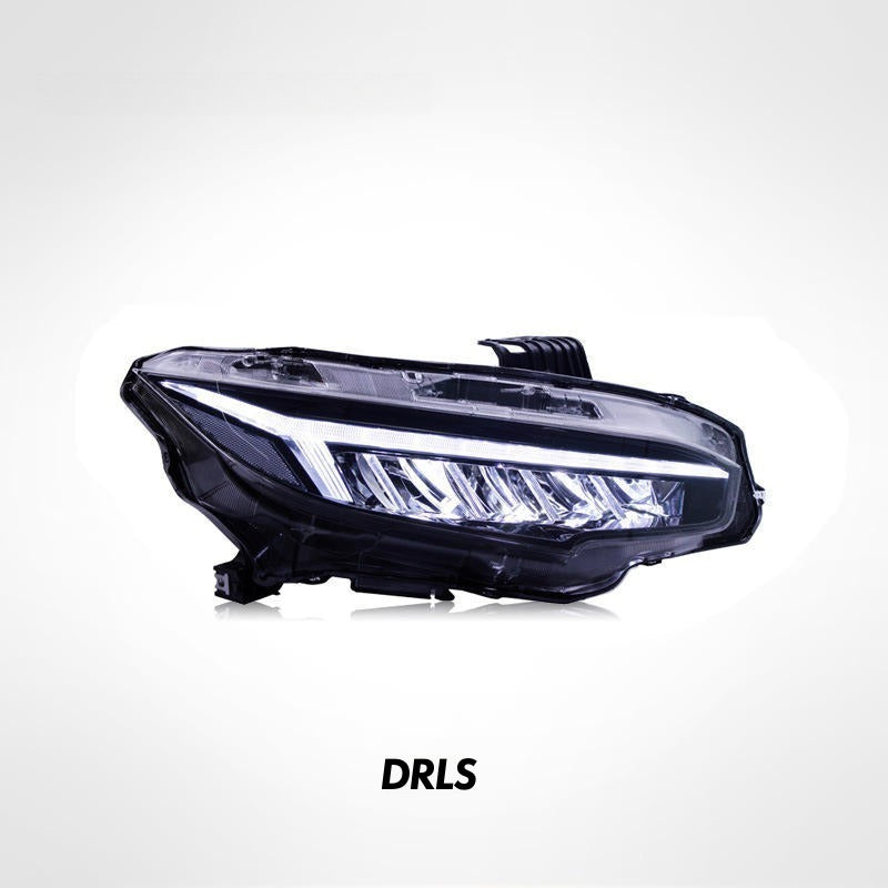 Front three-quarter view of black sequential LED Civic headlight with DRL strip