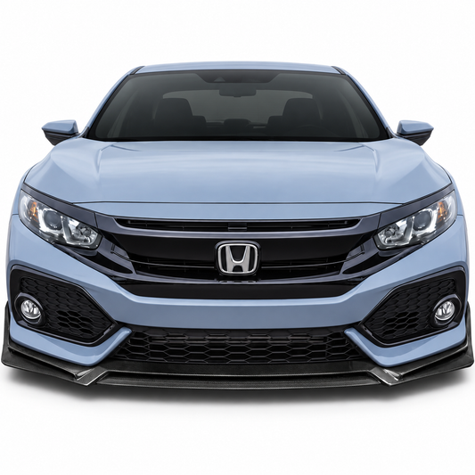 Carbon fiber front lip spoiler mounted on 2017-2021 Honda Civic hatchback