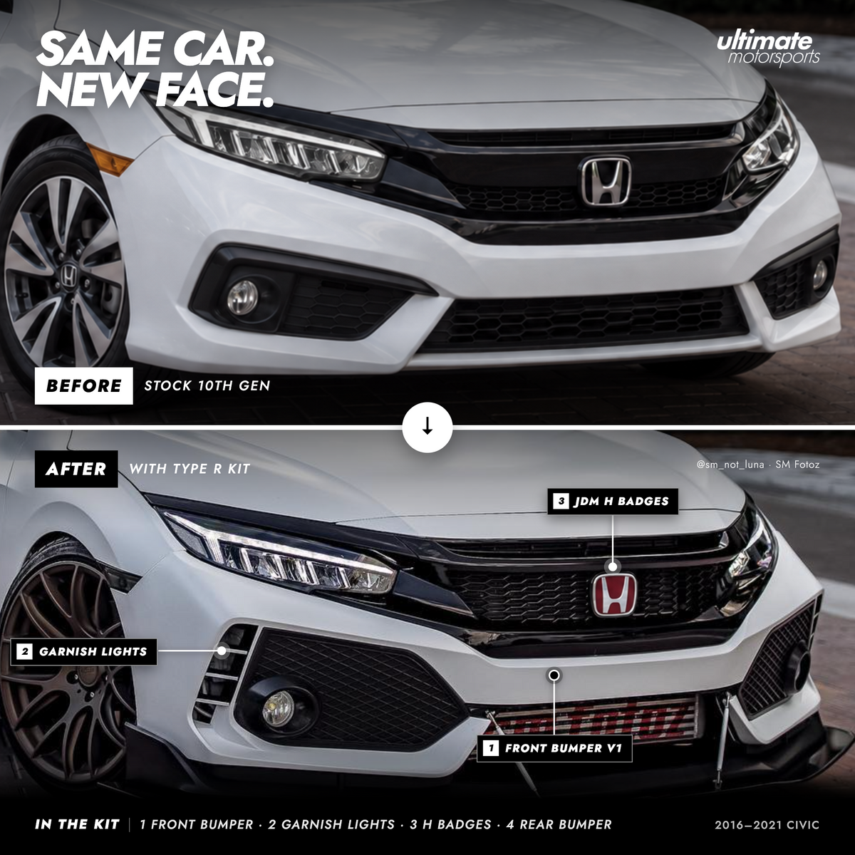 Type R conversion kit components including front bumper, rear bumper, sequential lights and JDM badges for Honda Civic sedan (4)