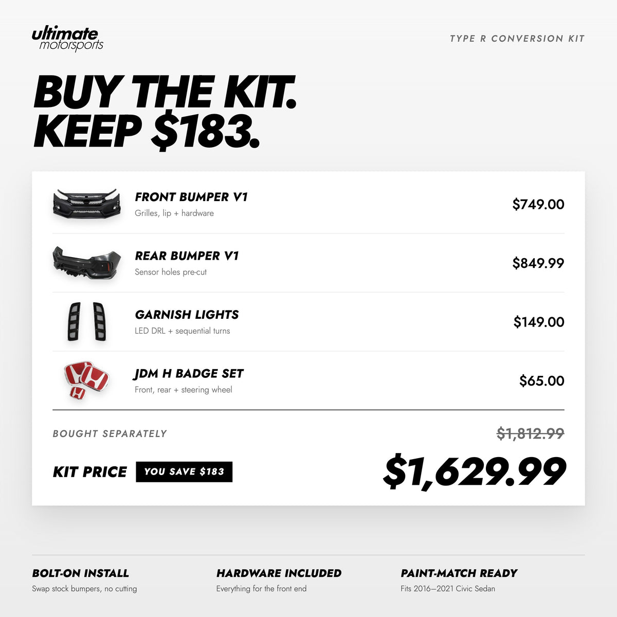 Type R conversion kit components including front bumper, rear bumper, sequential lights and JDM badges for Honda Civic sedan (3)