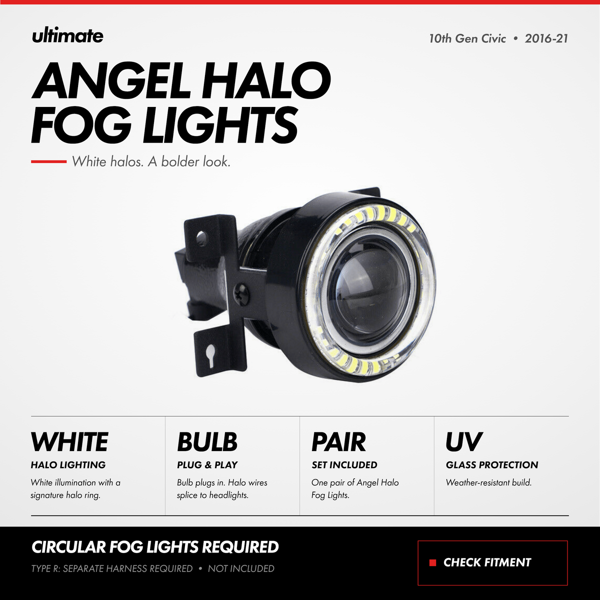 Angel Halo Fog Lights installed on 2016-2021 Honda Civic front bumper showing white halo ring and projector lens (3)