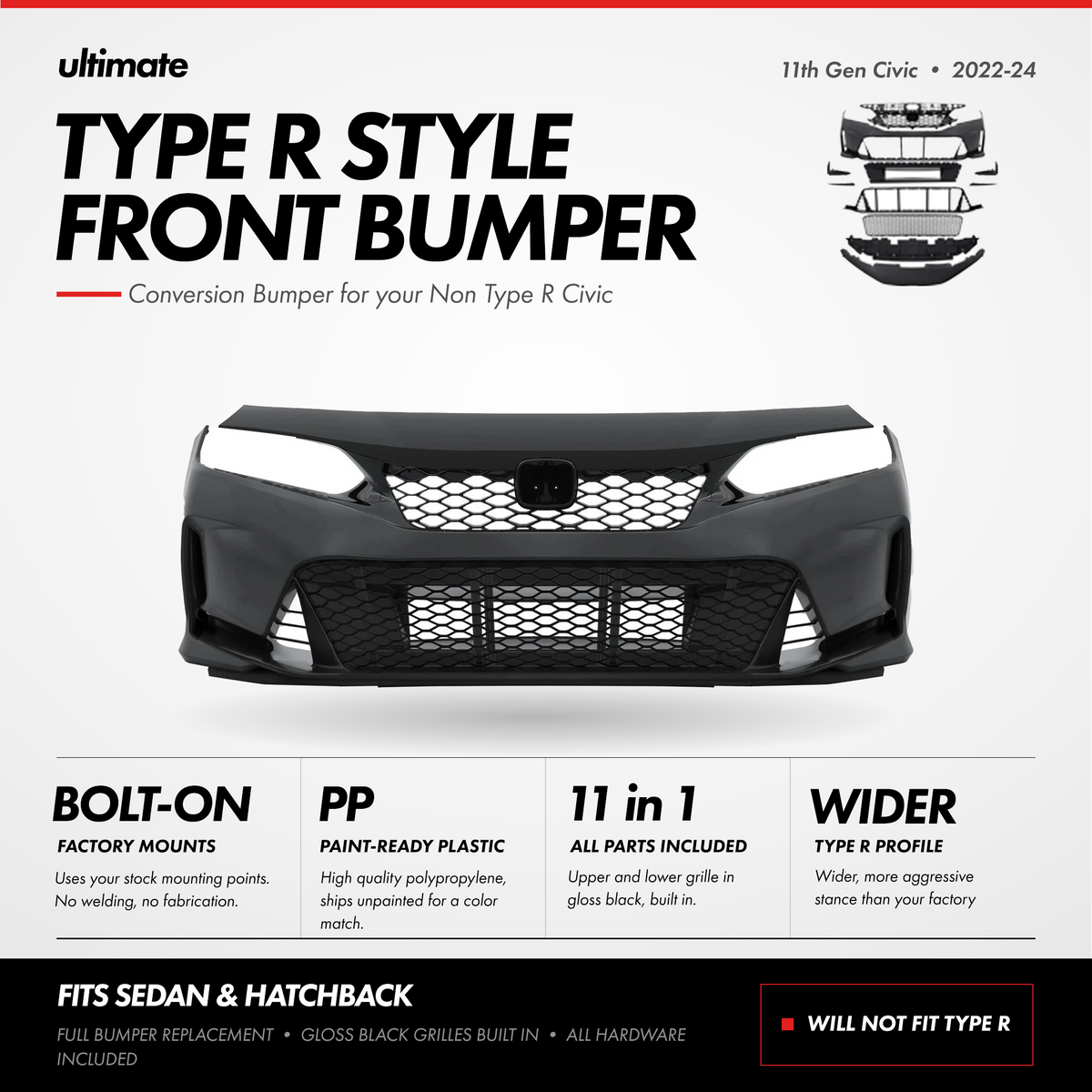Type R-style front bumper with integrated gloss black grille for Honda Civic