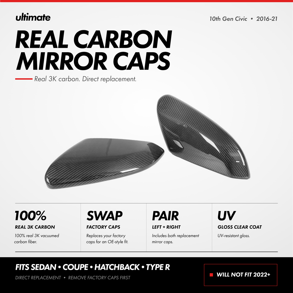 Carbon fiber mirror replacement caps with gloss finish installed on a Honda Civic (4)