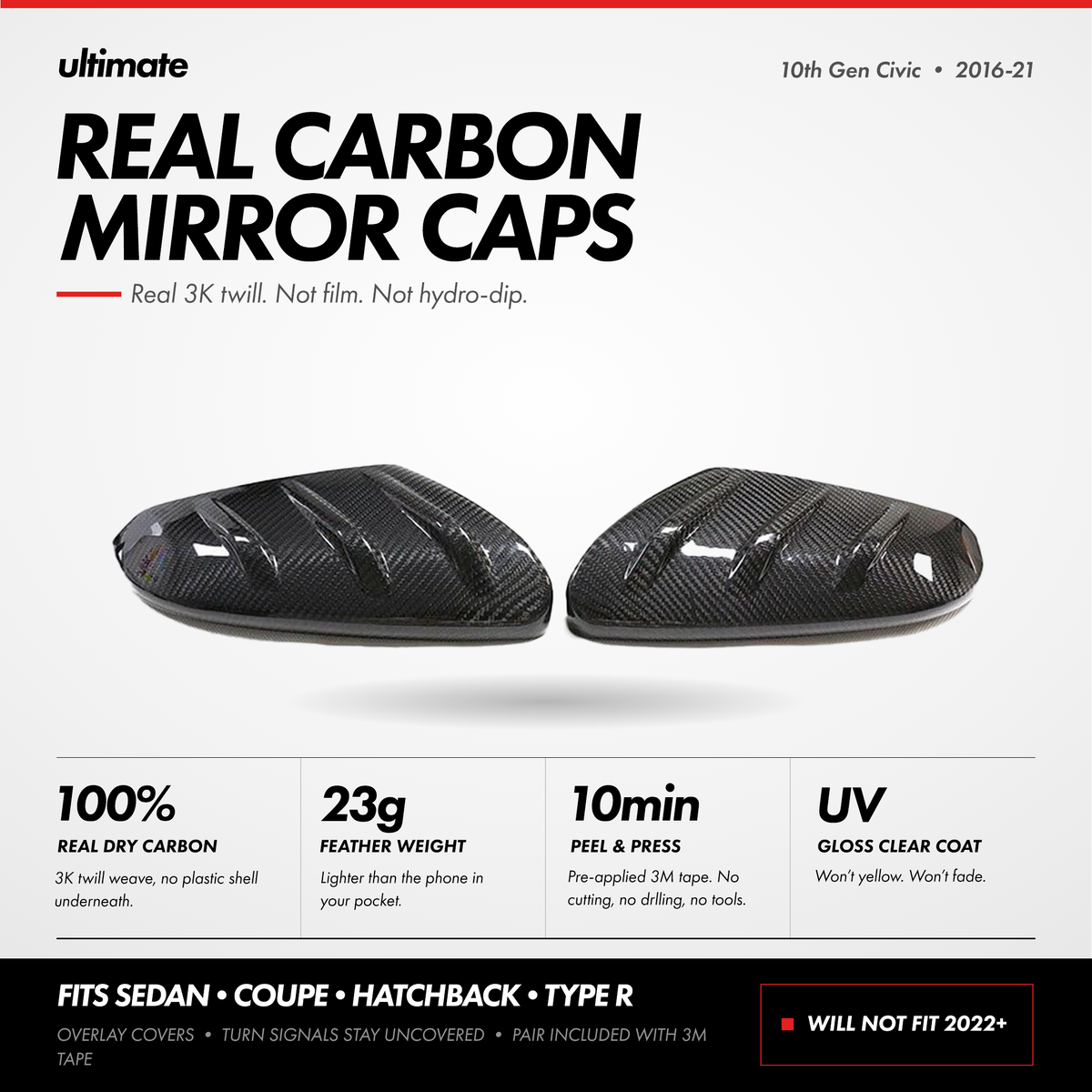 Real carbon fiber mirror caps with 3K twill weave for 2016-2021 Honda Civic (3)