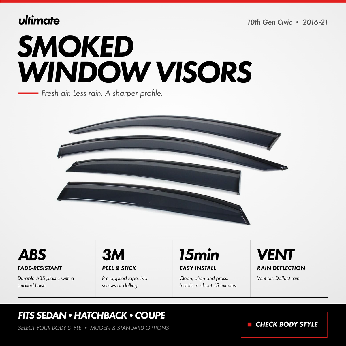 Smoked window visors installed on 2016-2021 Honda Civic sedan (2)